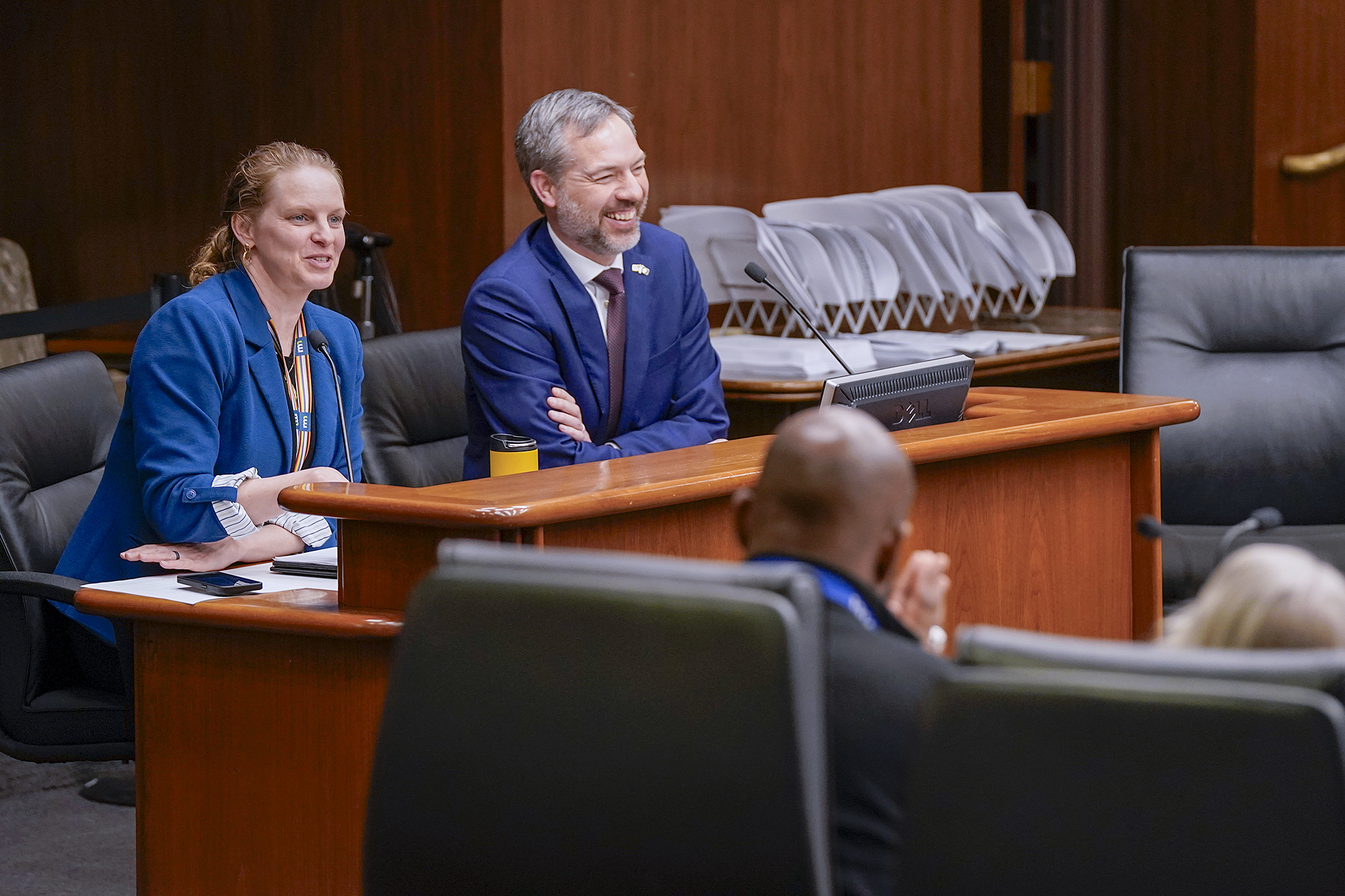 Darielle Dannen, government relations director for the Department of Employment and Economic Development, and Commissioner Matt Varilek walkthrough the supplemental budget bill, HF5205, for the House Workforce Development Finance and Policy Committee. (Photo by Michele Jokinen) 